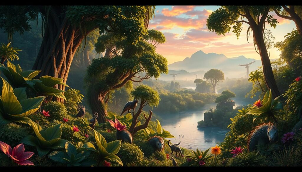 A vibrant and immersive ecosystem inspired by "Monster Hunter Wilds," featuring lush, dense vegetation with towering trees and oversized plants in the foreground. A diverse range of fantastical creatures, some peeking through foliage while others roam freely, showcasing the rich biodiversity of this world. In the middle ground, a serene river flows gently, reflecting the colorful sky, hinting at dusk with warm oranges and purples. The background reveals distant mountains shrouded in mist, creating depth and intrigue. Use soft natural lighting that casts gentle shadows, giving a sense of mystery and adventure, captured from a slightly elevated perspective for a panoramic view of this thriving ecosystem. The mood conveys a sense of exploration and wonder in a beautifully detailed fantasy landscape.