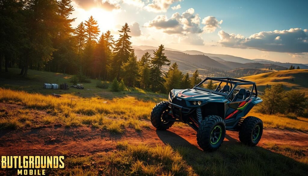 A visually stunning image showcasing the new vehicles from PUBG Mobile version 3.5 on a revamped Erangel map. In the foreground, feature a realistic, high-tech off-road vehicle with vibrant colors and detailed textures, parked on a dirt path. The middle ground should display a lush, dense forest with scattered crates and newly introduced items, highlighting the exciting new gameplay elements. In the background, capture the expansive Erangel landscape with rolling hills and dramatic skies, bathed in warm afternoon light for an inviting atmosphere. Use a slight low angle perspective to emphasize the vehicle’s striking design. The scene should evoke a sense of adventure and exploration, enticing players to dive into the new update.