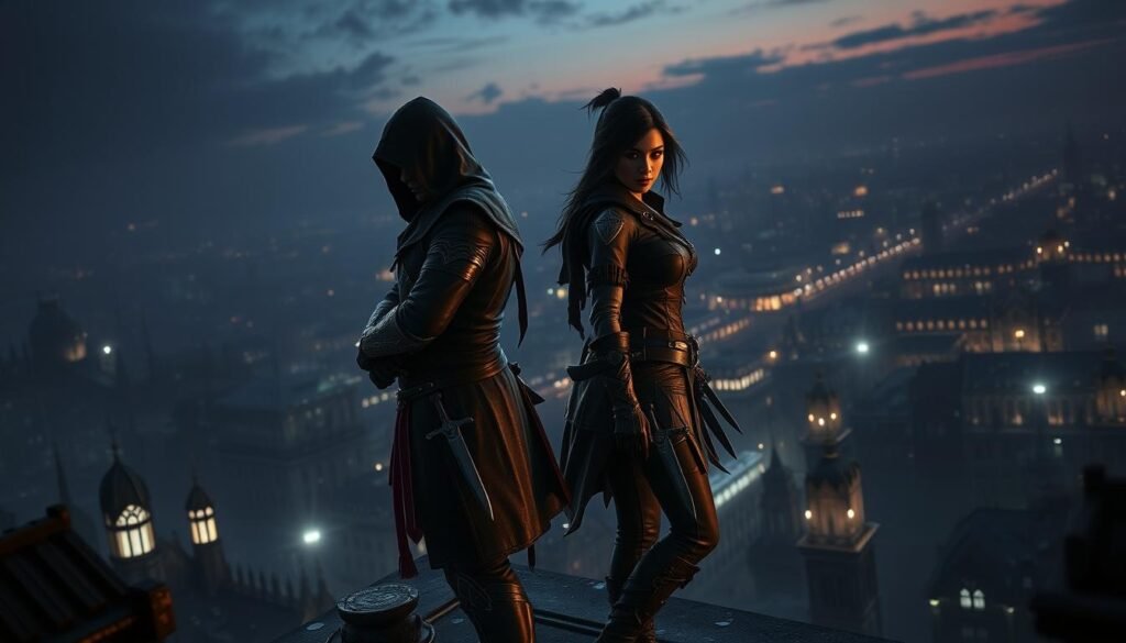 In a shadowy, atmospheric cityscape at twilight, two heroic protagonists from "Assassin's Creed Shadows" stand back-to-back on a rooftop overlooking the sprawling metropolis below. The first figure, a hooded assassin clad in dark leather armor with intricate detailing, is poised and confident, blades glinting in the fading light. The second, a feminine figure in modest, yet tactical attire, exudes determination, prepared for action with an array of throwing knives. The city features Gothic architecture illuminated by flickering gas lamps, casting dramatic shadows. The scene is captured from a low-angle perspective, emphasizing the height of the rooftop and creating a feeling of adventure. The mood reflects tension and camaraderie, hinting at their intertwined destinies in this dark narrative.