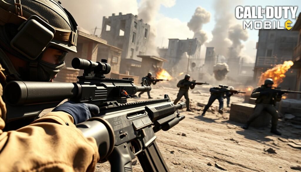 A dynamic battlefield scene from a Call of Duty Mobile match showing a tactical combination of weapons. In the foreground, a soldier in modern tactical gear is aiming a sniper rifle, highlighting precision and strategy. Beside him, an array of weapons including an assault rifle and a shotgun is displayed, showcasing versatility. In the middle ground, other players are engaged in sparse cover, illustrating various combat styles with different weapons in use. The background features a digitally rendered urban environment, with crumbling buildings and smoke rising from explosions, creating an intense atmosphere. The lighting is dramatic, with a mix of shadows and sharp highlights, emphasizing the action-packed moment. The angle captures the engagement from a slightly elevated perspective, enhancing the depth of the battlefield.