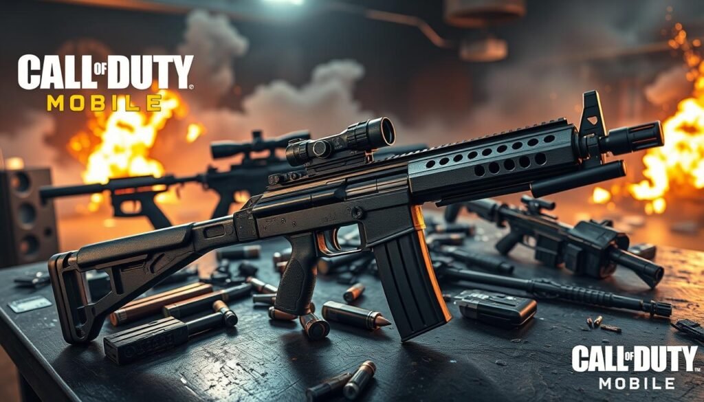 A dynamic representation of the strongest weapons in Call of Duty Mobile's Battle Royale mode. In the foreground, a stylishly rendered assault rifle with a sleek, futuristic design, detailed with high-tech scope and attachments, glistening under dramatic lighting. In the middle ground, a variety of weapons including a sniper rifle and submachine gun, showcased on a tactical table cluttered with ammunition and gear. The background features an intense battleground setting, with explosive action hints like smoke and debris, creating a sense of urgency and adventure. The atmosphere is energized and gritty, with high contrast lighting emphasizing the details of the weapons. The angle captures a heroic overview, inviting the viewer into the thrilling world of battle royale gaming.