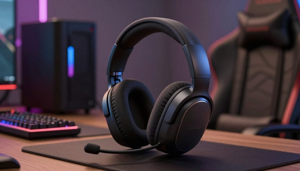 A sleek, ergonomic gaming headset designed for long-term comfort, prominently displayed in the foreground with soft, plush ear cushions and a flexible, adjustable headband. The materials showcase a modern yet refined aesthetic with breathable, high-quality fabric that enhances ventilation. In the middle ground, out-of-focus gaming peripherals create an immersive atmosphere, including a gaming chair and a keyboard, subtly illuminated by soft, ambient LED lighting. The background features a stylish gaming setup with a hint of colored backlighting that reflects the excitement of a gaming environment. The image is captured using a wide-angle lens to emphasize the headset’s contours and ergonomic design, creating a warm, inviting mood, suggesting prolonged use without discomfort. Perfect for illustrating extreme comfort in gaming gear.