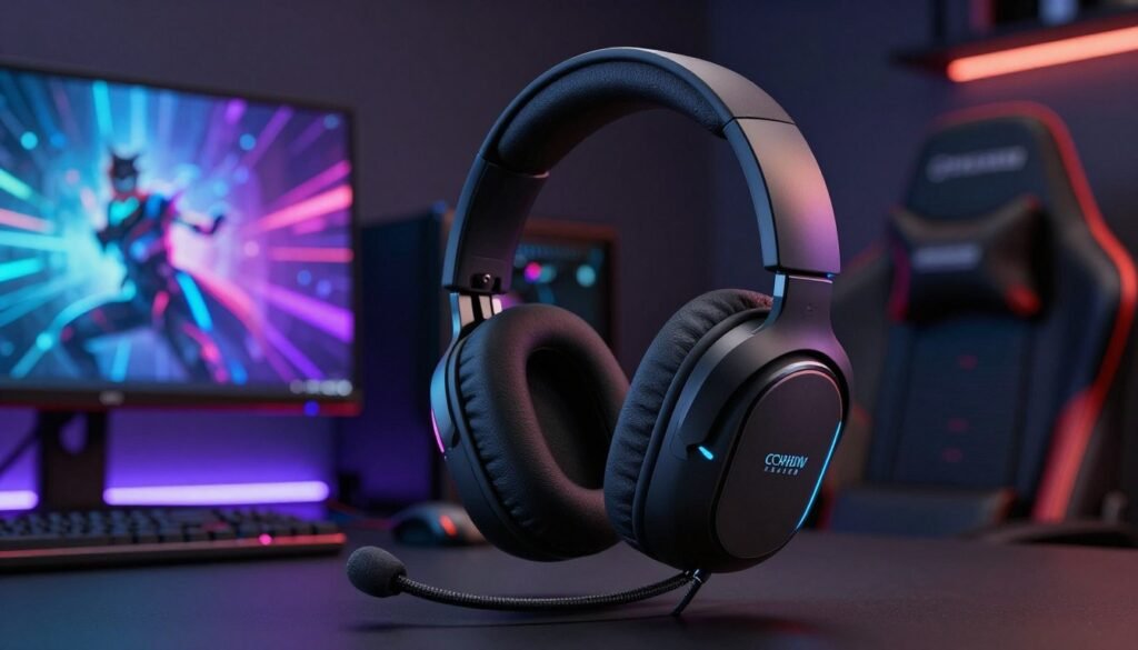 A sleek, modern wireless gaming headset prominently featured in the foreground, positioned at an angle to showcase its ergonomic design, plush ear cushions, and adjustable headband. The middle ground includes a stylish gaming setup with a high-end gaming monitor displaying vibrant graphics, illuminated by soft RGB lighting that enhances the immersive atmosphere. The background is a softly blurred gaming room with dark walls and ambient lighting to create a relaxed yet focused environment. The lighting is dynamic, highlighting the headset's intricate details and materials. The overall mood is sophisticated and high-tech, capturing the premium essence of a top-tier gaming experience.